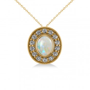 Opal & Diamond Halo Oval Pendant Necklace 14k Yellow Gold (0.89ct)