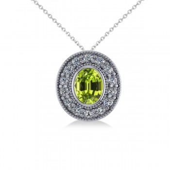 Peridot & Diamond Halo Oval Pendant Necklace 14k White Gold (1.37ct)
