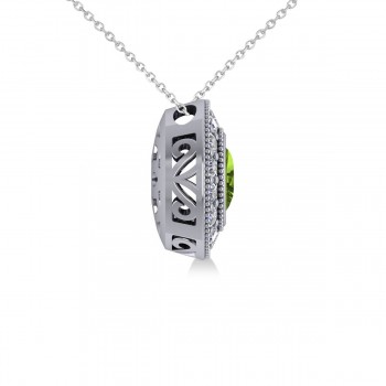 Peridot & Diamond Halo Oval Pendant Necklace 14k White Gold (1.37ct)