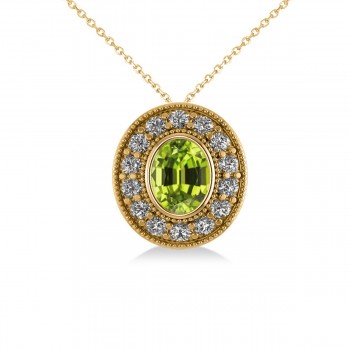 Peridot & Diamond Halo Oval Pendant Necklace 14k Yellow Gold (1.37ct)