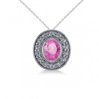 Pink Sapphire & Diamond Halo Oval Pendant Necklace 14k White Gold (1.42ct)