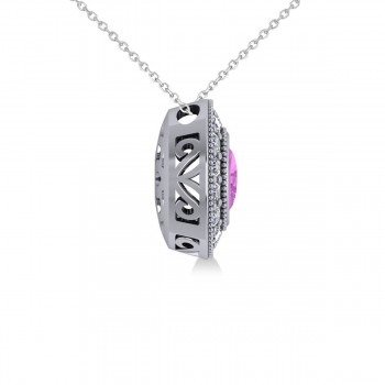 Pink Sapphire & Diamond Halo Oval Pendant Necklace 14k White Gold (1.42ct)