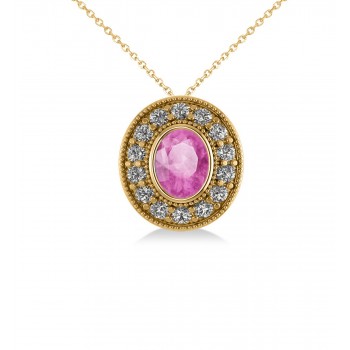 Pink Sapphire & Diamond Halo Oval Pendant Necklace 14k Yellow Gold (1.42ct)