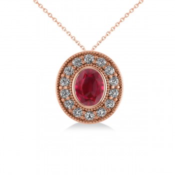 Ruby & Diamond Halo Oval Pendant Necklace 14k Rose Gold (1.48ct)