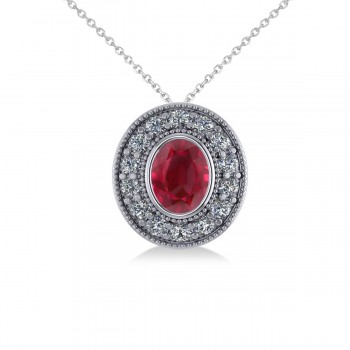 Ruby & Diamond Halo Oval Pendant Necklace 14k White Gold (1.48ct)