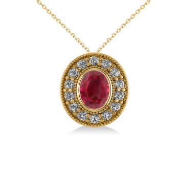 Ruby & Diamond Halo Oval Pendant Necklace 14k Yellow Gold (1.48ct)