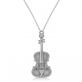 Diamond Violin Music Pendant Necklace 14K White Gold (0.16ct)