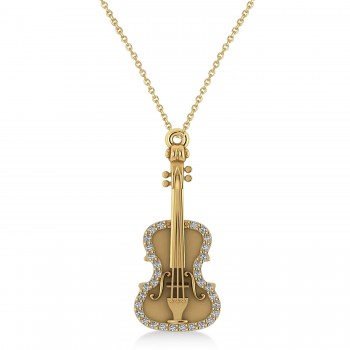 Diamond Violin Music Pendant Necklace 14K Yellow Gold (0.16ct)