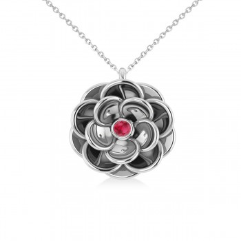 Ruby Round Flower Pendant Necklace 14k White Gold (0.05ct)