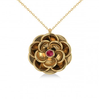 Ruby Round Flower Pendant Necklace 14k Yellow Gold (0.05ct)
