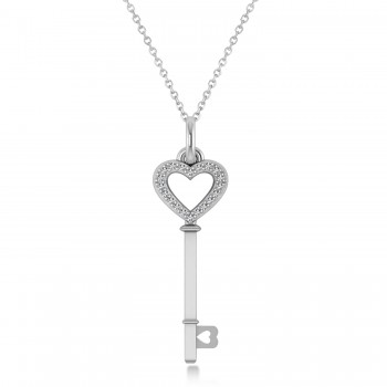 Diamond Heart Key Pendant Necklace 14k White Gold (0.10ct)