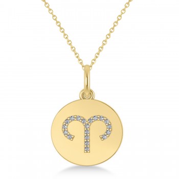 Diamond Aries Zodiac Disk Pendant Necklace 14k Yellow Gold (0.095ct)