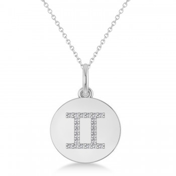 Diamond Gemini Zodiac Disk Pendant Necklace 14k White Gold (0.11ct)