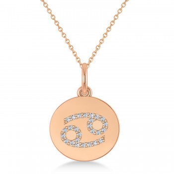 Diamond Cancer Zodiac Disk Pendant Necklace 14k Rose Gold (0.13ct)