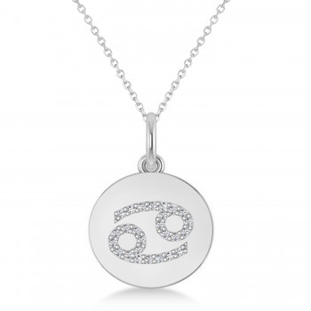 Diamond Cancer Zodiac Disk Pendant Necklace 14k White Gold (0.13ct)