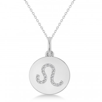 Diamond Leo Zodiac Disk Pendant Necklace 14k White Gold (0.095ct)