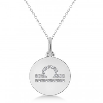 Diamond Libra Zodiac Disk Pendant Necklace 14k White Gold (0.105ct)