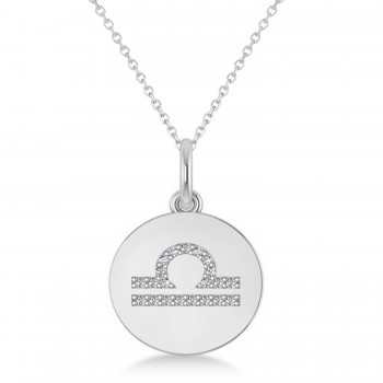 Diamond Libra Zodiac Disk Pendant Necklace 14k White Gold (0.105ct)