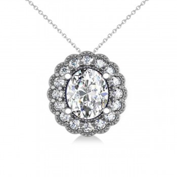 Diamond Floral Oval Halo Pendant Necklace 14k White Gold (2.48ct)