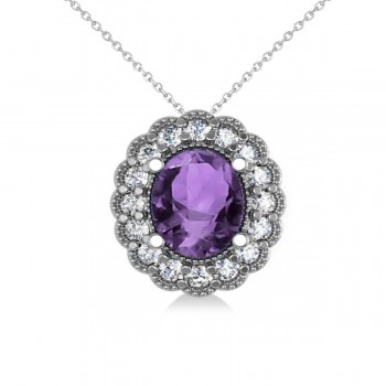 Amethyst & Diamond Floral Oval Pendant 14k White Gold (2.98ct)