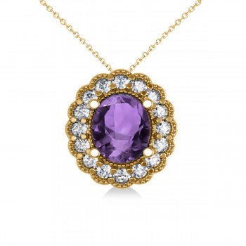 Amethyst & Diamond Floral Oval Pendant 14k Yellow Gold (2.98ct)