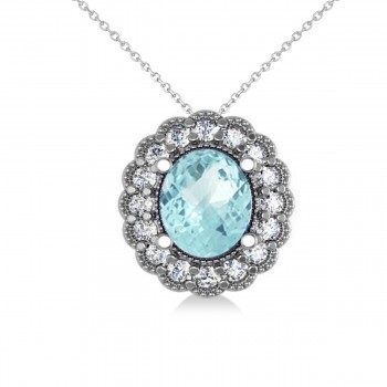 Aquamarine & Diamond Floral Oval Pendant 14k White Gold (2.98ct)