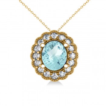 Aquamarine & Diamond Floral Oval Pendant 14k Yellow Gold (2.98ct)