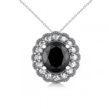 Black Diamond & Diamond Floral Oval Pendant 14k White Gold (2.48ct)