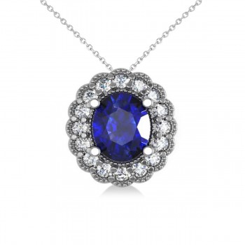 Blue Sapphire & Diamond Floral Oval Pendant 14k White Gold (2.98ct)