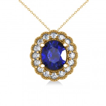 Blue Sapphire & Diamond Floral Oval Pendant 14k Yellow Gold (2.98ct)