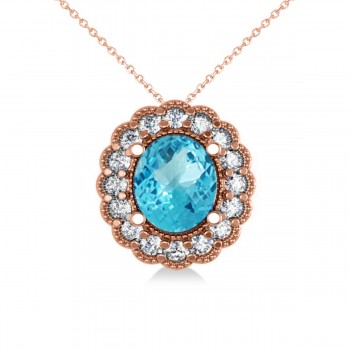 Blue Topaz & Diamond Floral Oval Pendant Necklace 14k Rose Gold (2.98ct)