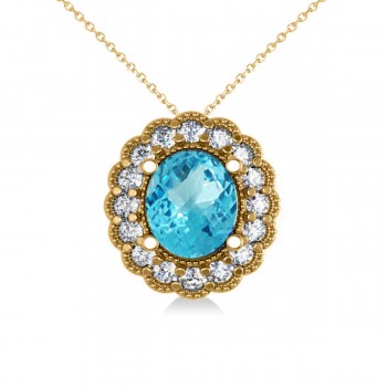 Blue Topaz & Diamond Floral Oval Pendant Necklace 14k Yellow Gold (2.98ct)