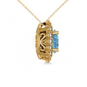 Blue Topaz & Diamond Floral Oval Pendant Necklace 14k Yellow Gold (2.98ct)