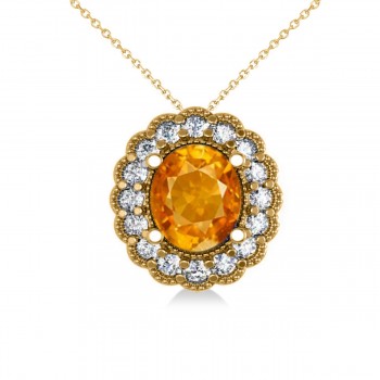 Citrine & Diamond Floral Oval Pendant 14k Yellow Gold (2.98ct)