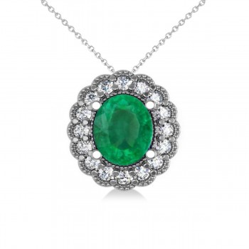 Emerald & Diamond Floral Oval Pendant 14k White Gold (2.98ct)