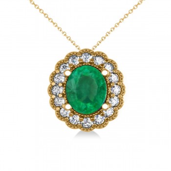 Emerald & Diamond Floral Oval Pendant Necklace 14k Yellow Gold (2.98ct)