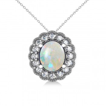 Opal & Diamond Floral Oval Pendant 14k White Gold (2.98ct)