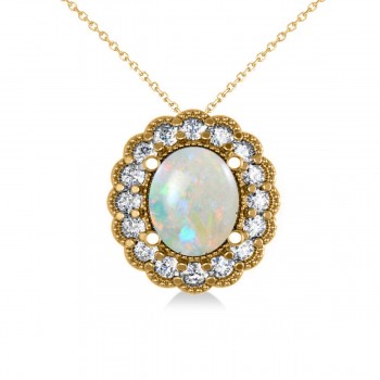 Opal & Diamond Floral Oval Pendant Necklace 14k Yellow Gold (2.98ct)