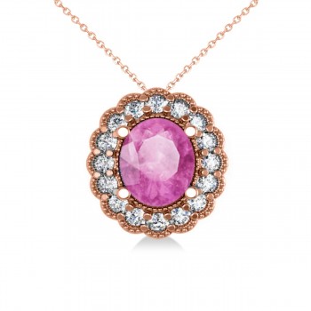 Pink Sapphire & Diamond Floral Oval Pendant 14k Rose Gold (2.98ct)
