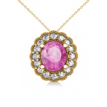 Pink Sapphire & Diamond Floral Oval Pendant 14k Yellow Gold (2.98ct)