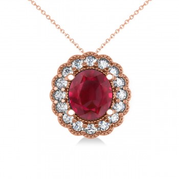 Ruby & Diamond Floral Oval Pendant 14k Rose Gold (2.98ct)