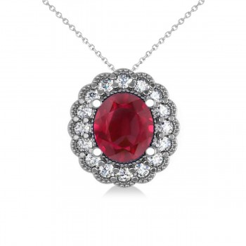 Ruby & Diamond Floral Oval Pendant 14k White Gold (2.98ct)