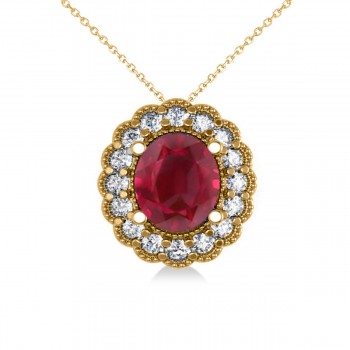 Ruby & Diamond Floral Oval Pendant 14k Yellow Gold (2.98ct)