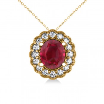 Ruby & Diamond Floral Oval Pendant 14k Yellow Gold (2.98ct)