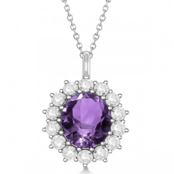 Oval Amethyst & Diamond Pendant Necklace 14k White Gold (5.40ctw)