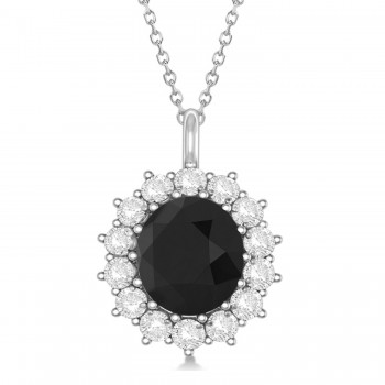 Oval Black Diamond and Diamond Pendant Necklace 14k White Gold (5.40ctw)