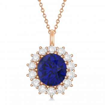 Oval Lab Blue Sapphire & Diamond Pendant Necklace 14k Rose Gold 5.40ctw