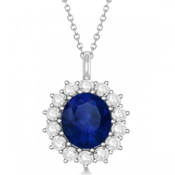 Oval Lab Blue Sapphire & Diamond Pendant Necklace 14k White Gold (5.40ctw)