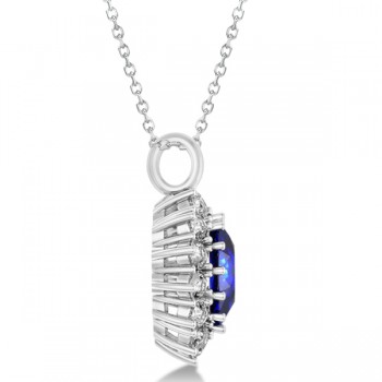 Oval Lab Blue Sapphire & Diamond Pendant Necklace 14k White Gold (5.40ctw)