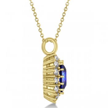 Oval Lab Blue Sapphire & Diamond Pendant Necklace 14k Yellow Gold 5.40ctw